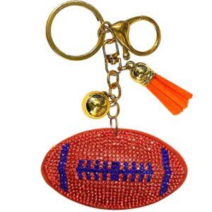 NWT Orange & Blue Crystal Football Keychain Sparkly Bag Charm with Gold Hardware